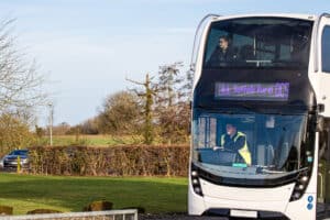 A bus departing from the Suffolk Rural campus.