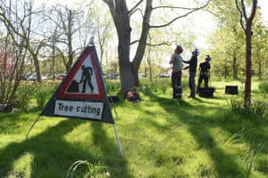 Learners in wooded area with Tree Cutting warning sign.