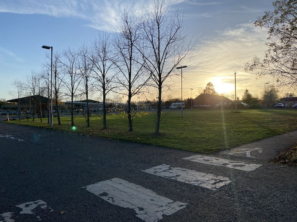 A photo of the Suffolk Rural campus at dusk