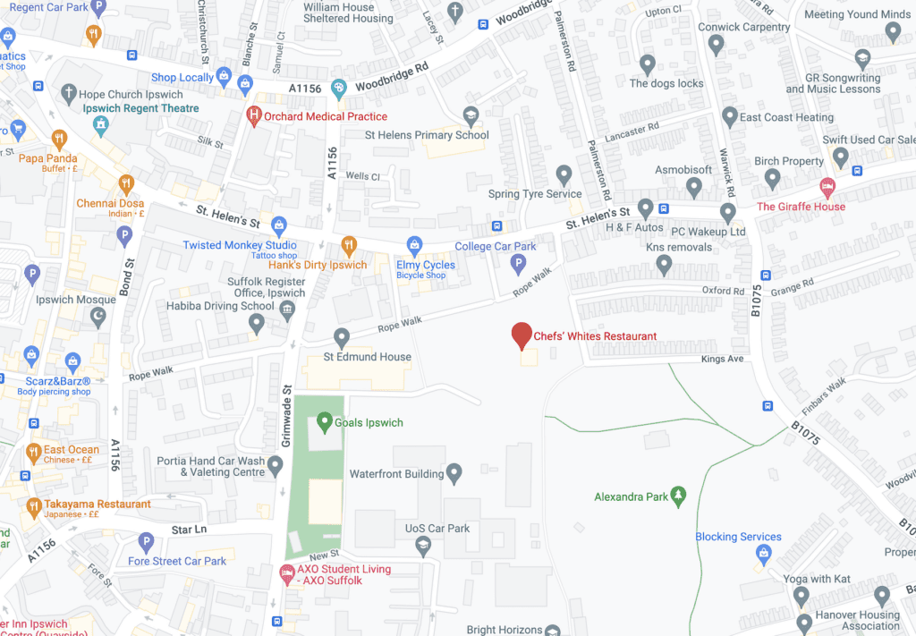 Map of Ipswich showing Chefs' Whites Location