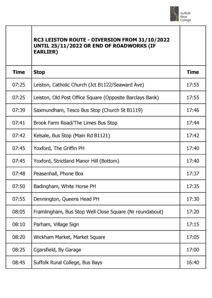 A timetable showing bus information