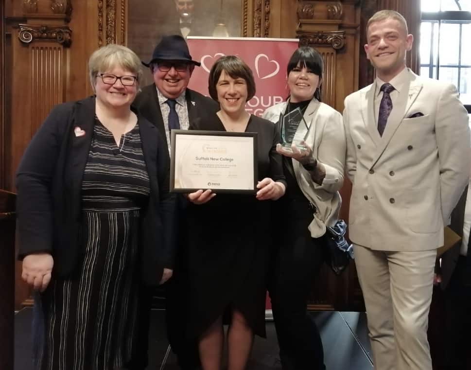 Therese Coffey MP, Steve Frampton, Climate Commissioner for FE and HE, with Emma Taylor and Charlie Simmans from Suffolk New College. Jordan Rassas, INENCO