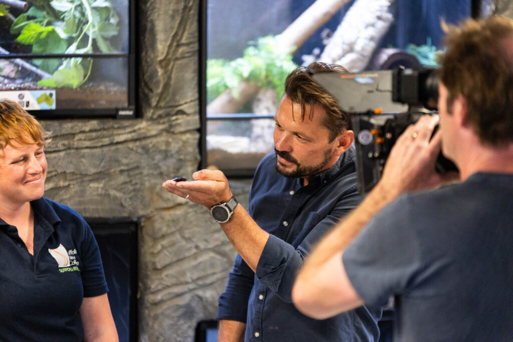 Jimmy Doherty with camera crew at college animal centre
