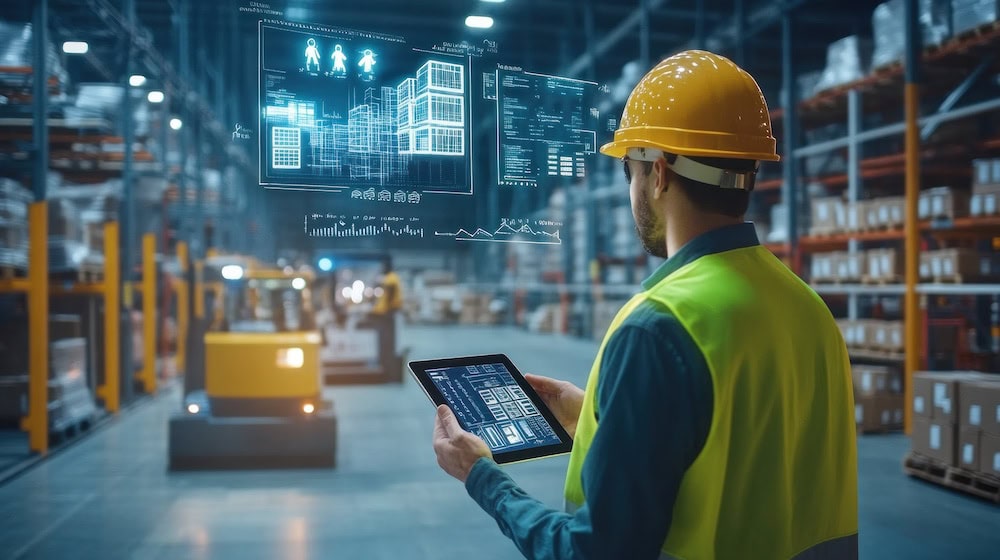 A worker in a safety vest and hard hat uses a tablet to monitor automated sorting processes in a high-tech warehouse environment.