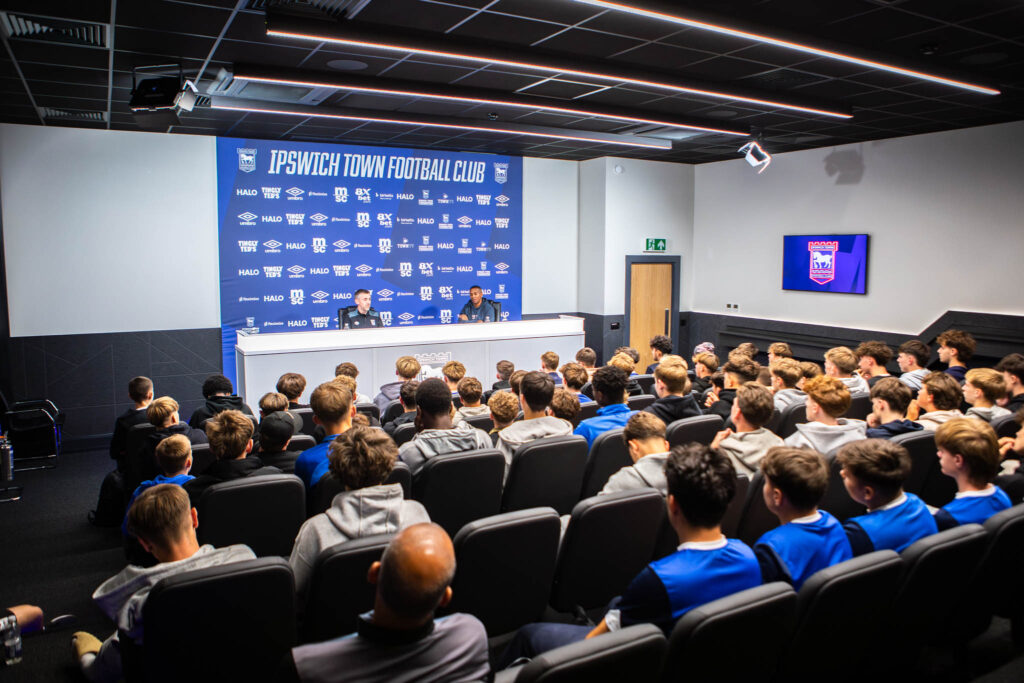 Modern football training facilities at Suffolk New College featuring Ipswich Town Football Club press event.