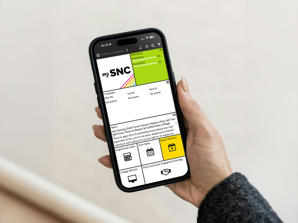 Accessible and user-friendly college mobile app interface for Suffolk New College students to check timetables, attendance, parents, and guardians notifications.
