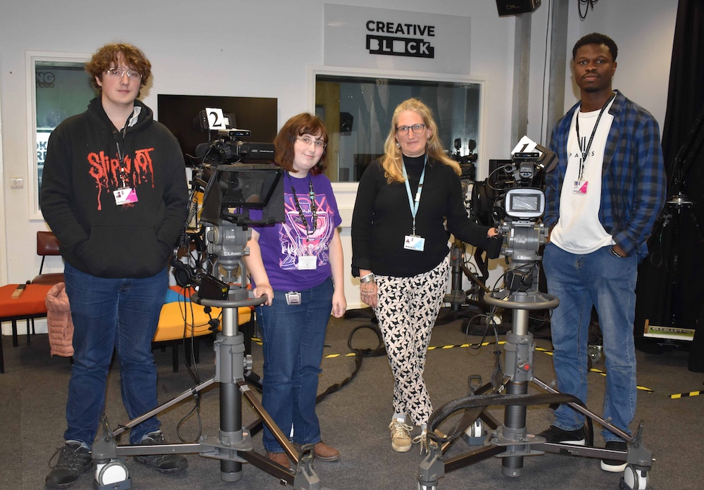 High-quality TV production students at Suffolk New College with professional broadcast cameras and equipment for media training and journalism courses.