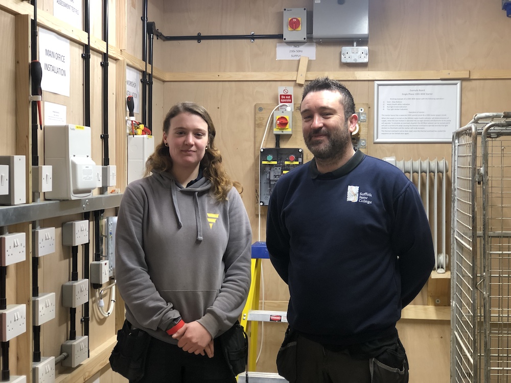 Electricity training students at Suffolk New College electrical workshop for practical skills development and industry readiness.