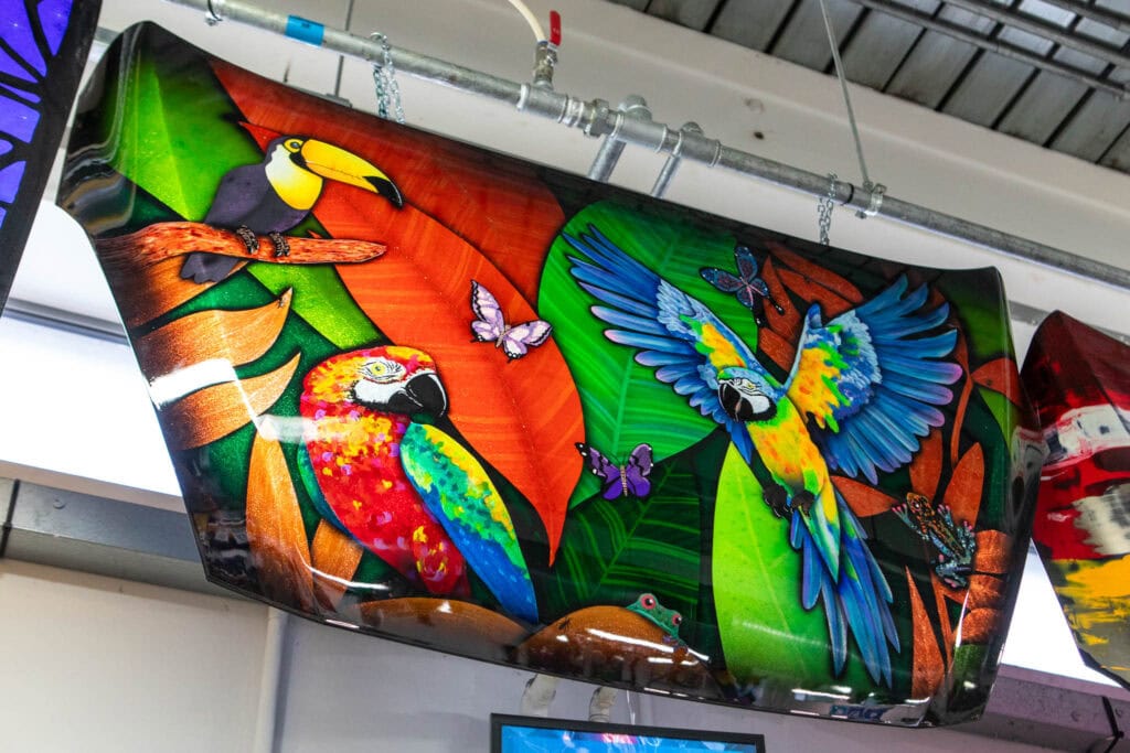 Colorful parrot and toucan artwork with vibrant butterflies on display at Suffolk New College.