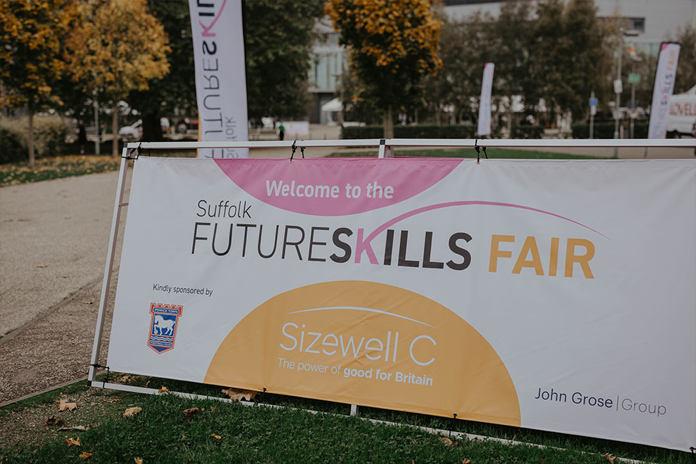 Modern Suffolk New College campus promoting skills and career development at the Future Skills Fair, sponsored by Sizewell C, in Suffolk, UK.