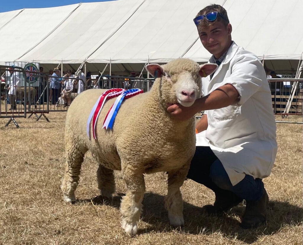 A young man in a white coat holds a decorated sheep at an agricultural event.