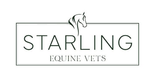 A professional equine veterinary practice logo featuring a horse silhouette and elegant typography, representing Starling Equine Vets.