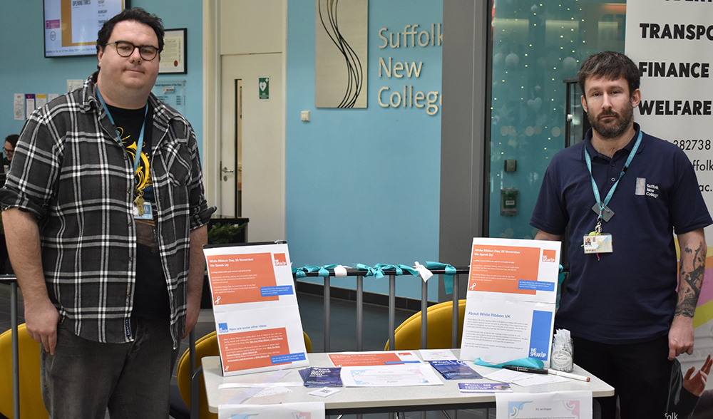 A welcoming Suffolk New College with staff promoting courses and supporting students at an open day event.