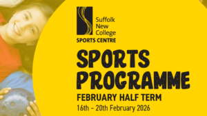 Children lying on the floor holding sports balls, promoting sports courses at Suffolk New College sports centre.