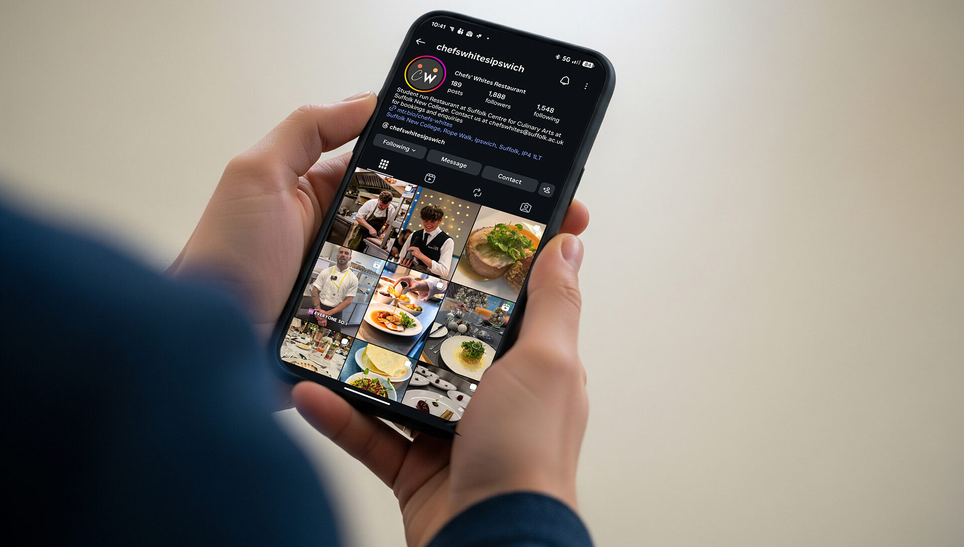 Instagram profile of Suffolk New College showcasing student life, culinary arts, and campus facilities in Suffolk, UK.