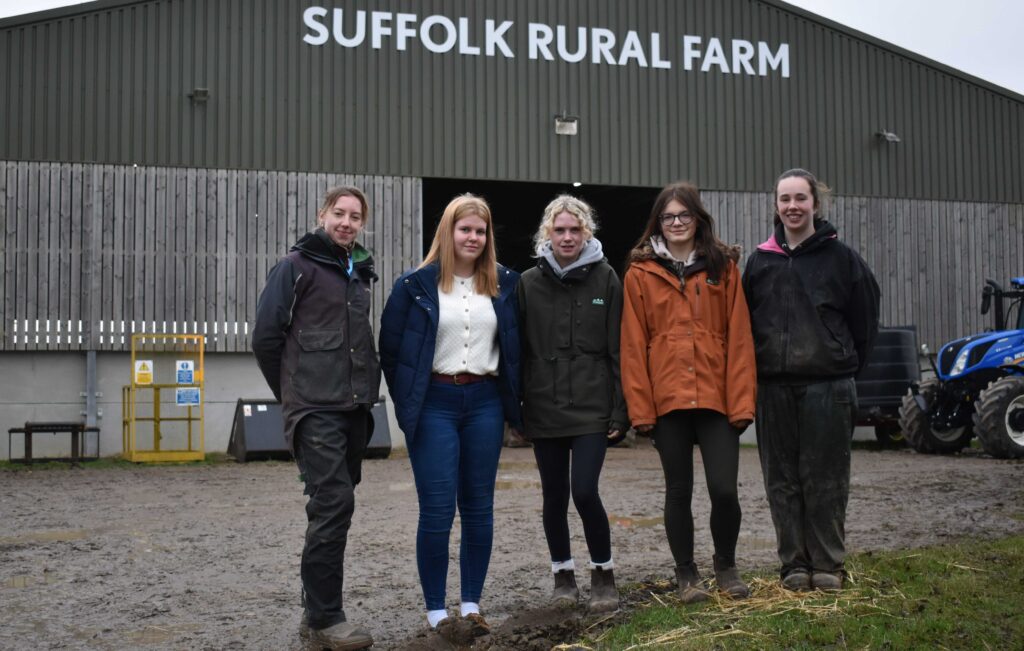 Group of female students at Suffolk Rural Farm, highlighting increased female participation in farming courses at Suffolk New College.