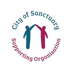 Suffolk New College logo featuring two abstract figures holding hands, symbolising community and support, with the text "City of Sanctuary Supporting Organisation" for promoting inclusivity and sanctu.
