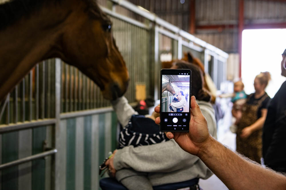 Visitors at Suffolk New College enjoy a lamb-themed spring family fun day, with children and adults interacting with farm animals inside a barn setting.