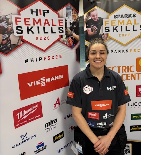 An Ipswich student from Suffolk New College celebrates after being named one of the top apprentice plumbers in the UK at the 2026 Hip Female Skills competition.