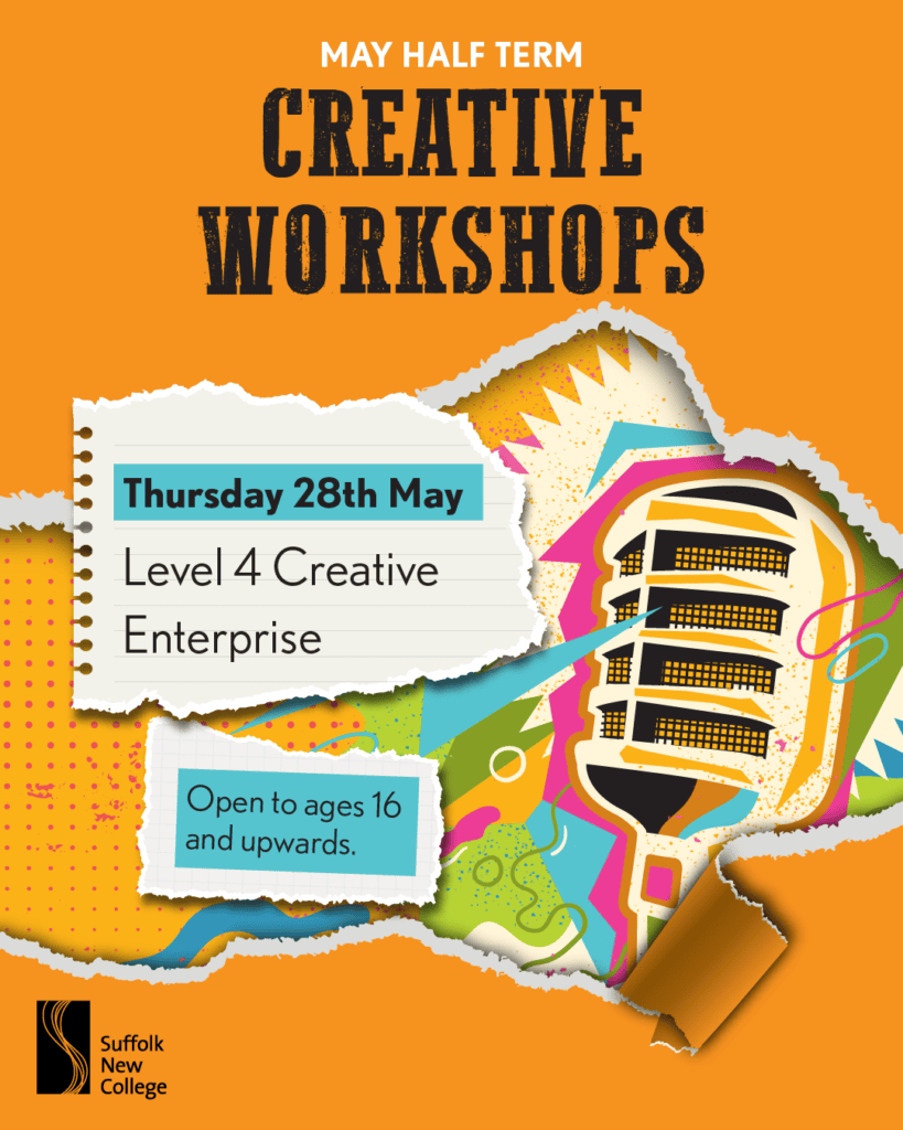 Creative workshop for Level 4 Creative Enterprise students at Suffolk New College, open to ages 16 and up, featuring innovative creative activities.