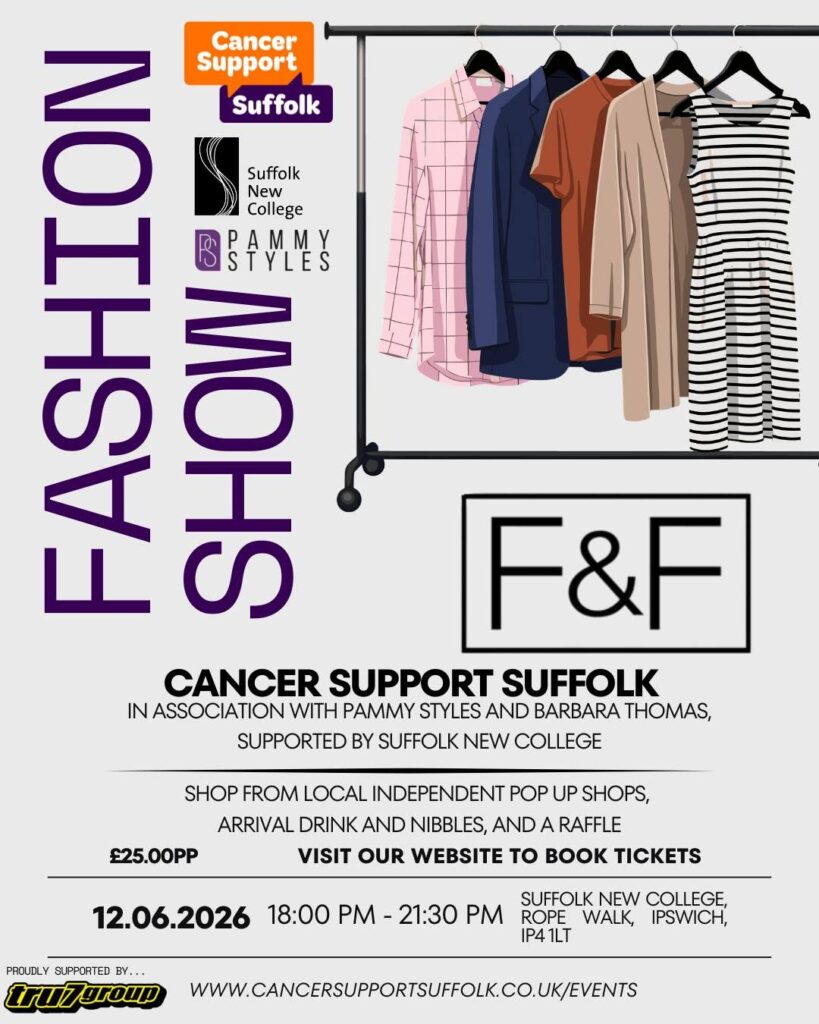 Fashion show poster featuring clothing items on a rack, promoting Cancer Support Suffolk event in partnership with Pammy Styles and Barbara Thomas, supporting local charity.