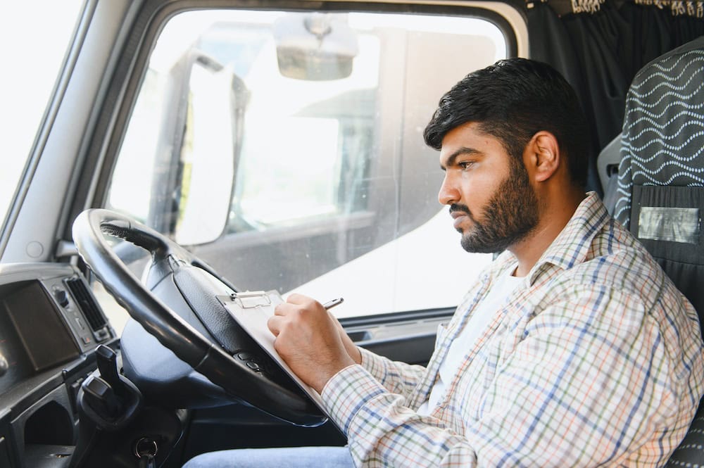 Male student practicing driving skills inside a commercial vehicle cab during a driver training session at Suffolk New College.