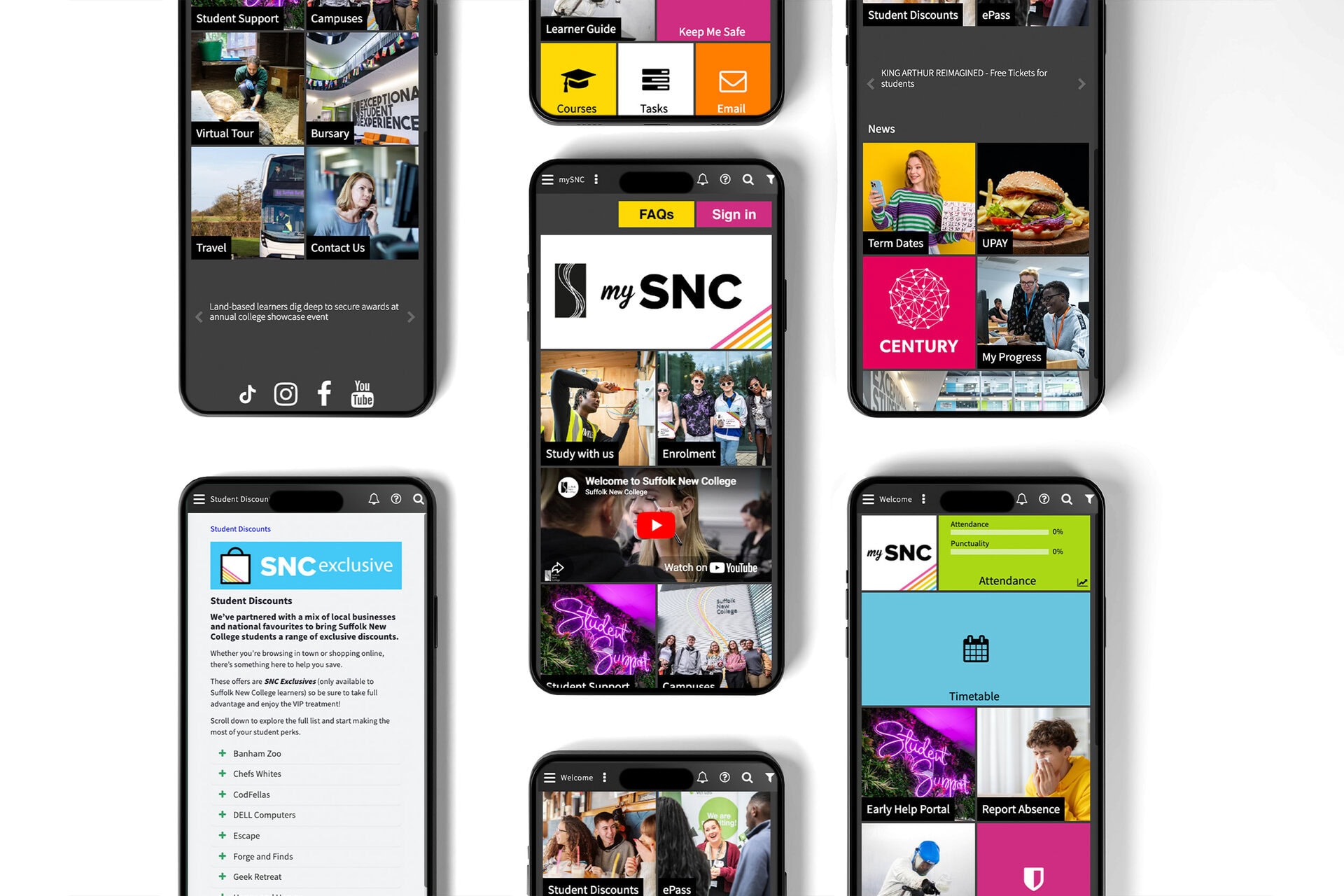 Screenshot of Suffolk New College's student app showing features like enrolment, timetable, and support services for students.