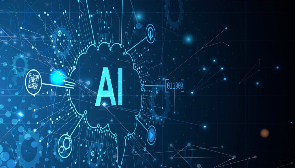 Futuristic digital image representing artificial intelligence (AI) with interconnected data points, icons, and binary code, highlighting innovation in digital technology.